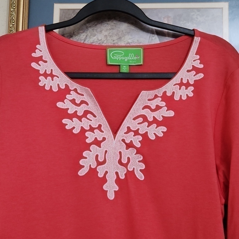Coral top size M mid sleeve Coastal Lagenlook contemporary Artsy vacation - Picture 4 of 8
